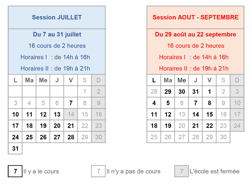 Calendrier de cours intensif d'été 2023